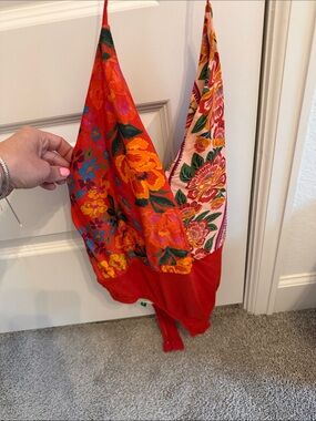 FARM Rio Red Floral Print Halter Bodysuit